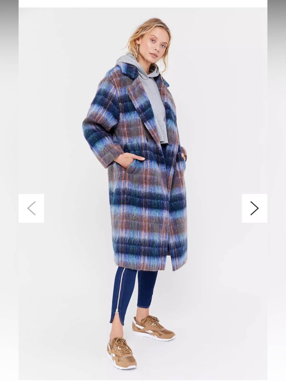 Urban Outfitters Wool Blend Oversized Coat Jacket Small Pockets Blue Plaid